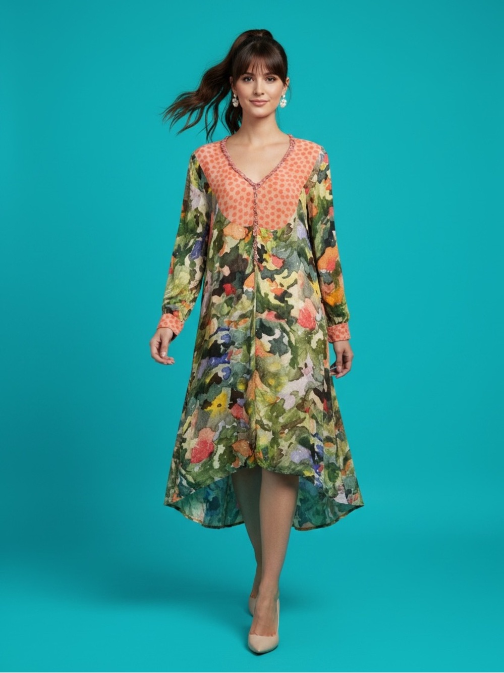 Anthropologie Bl^nk London Lucia Midi Watercolor Floral Tunic Dress Size M